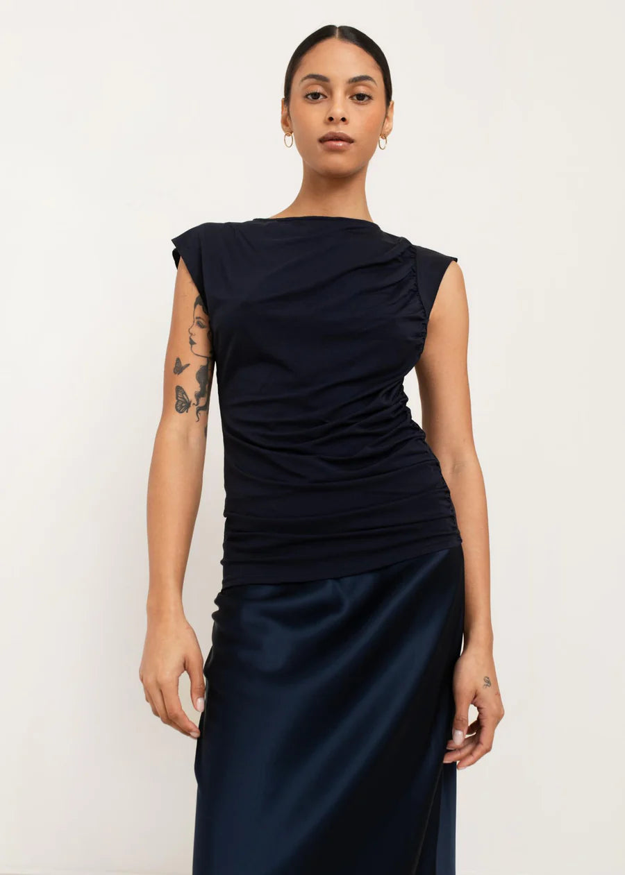 Greta Rouched Tee - midnight blue
