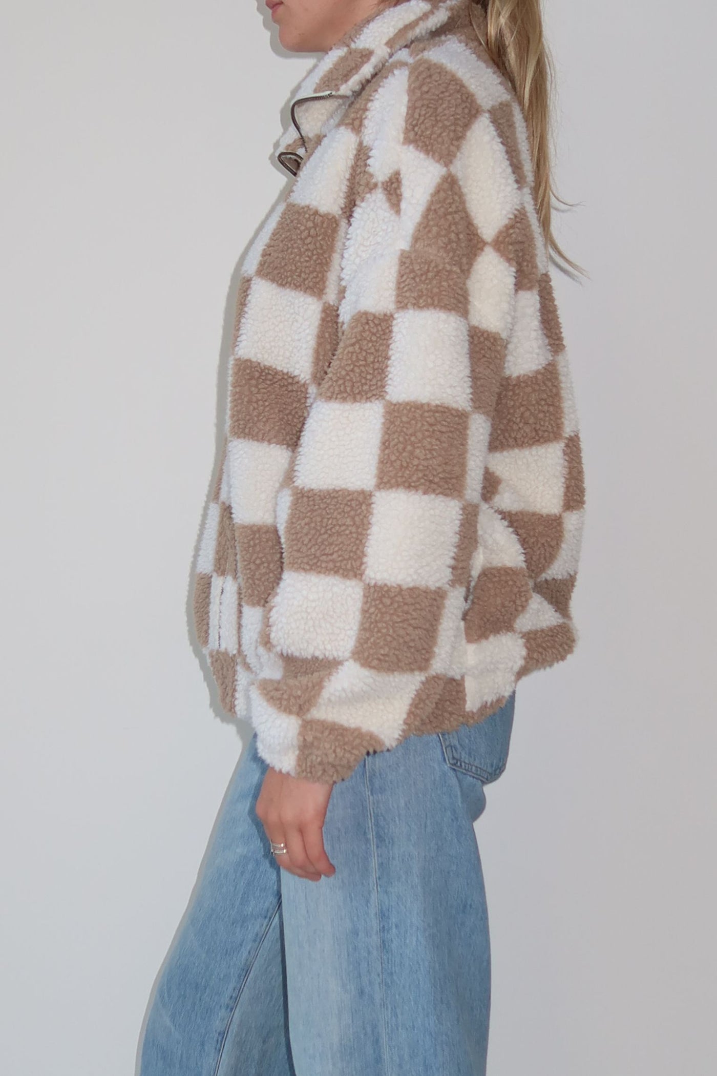 Checkerboard Sherpa Jacket - fawn