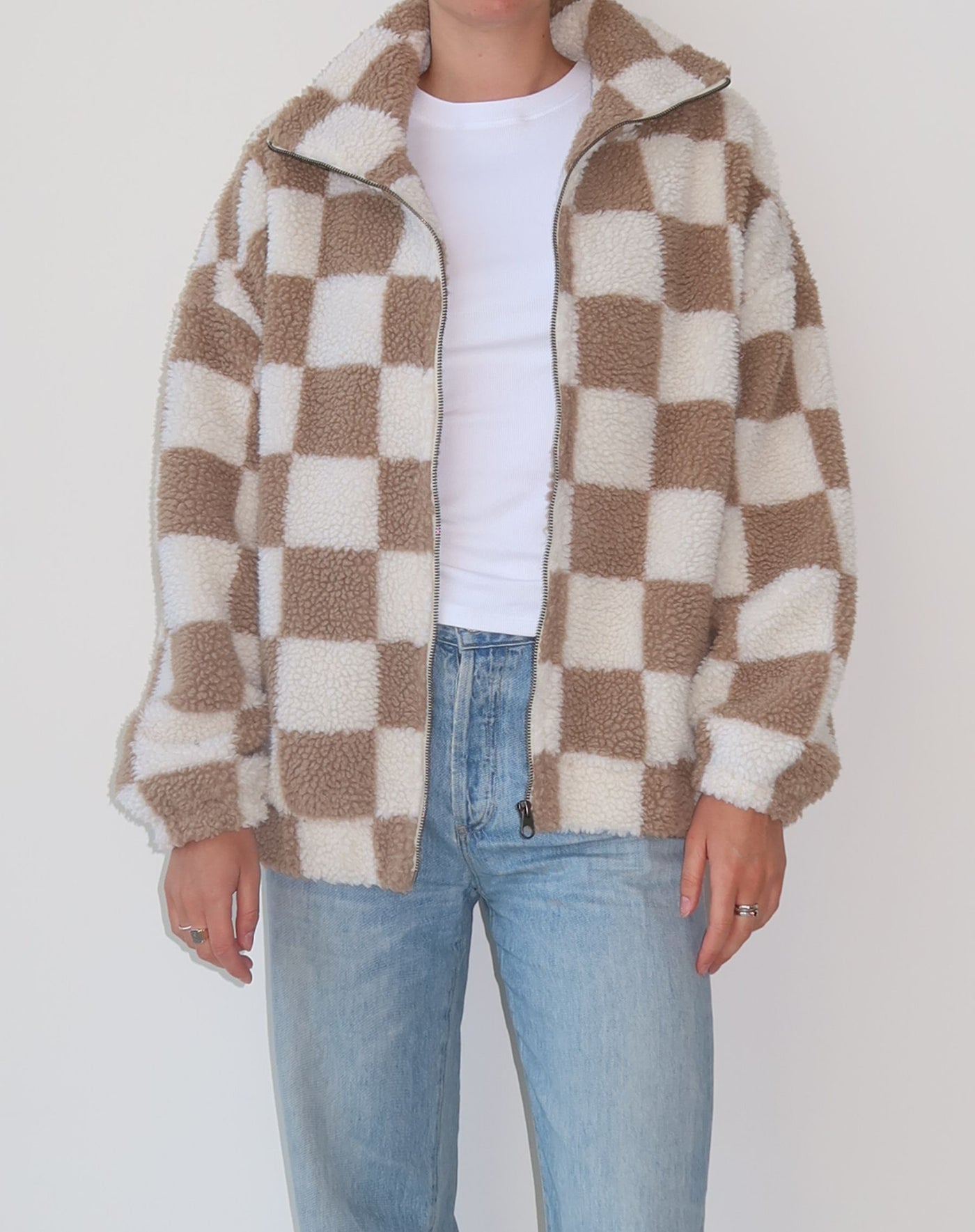 Checkerboard Sherpa Jacket - fawn